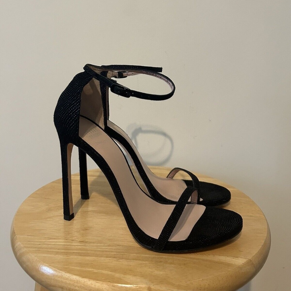 Stuart Weitzman Nudist Goosebump Napa Heels Sandal Black
